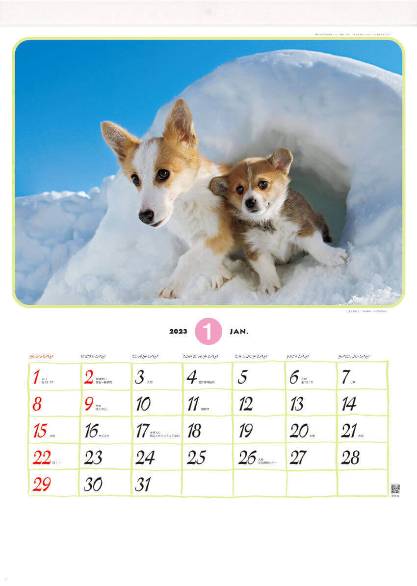 1月 ウェルシュ・コギーペンブローク リトルフレンド 2023年カレンダーの画像