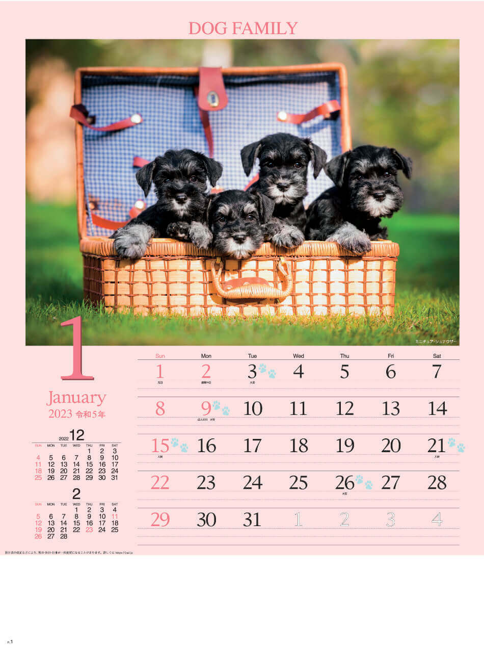 1月 ミチチュア・シュナウザー ドッグファミリー 2023年カレンダーの画像