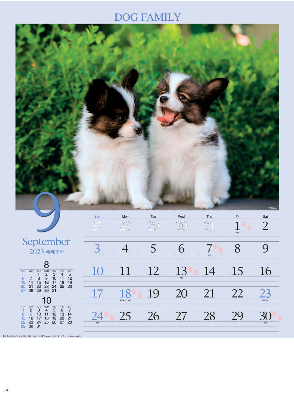 9月 パピオン   ドッグファミリー 2023年カレンダーの画像
